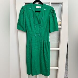 Vintage Albert Nipon Linen Emerald Double-Breasted Military Midi Dress Size 4